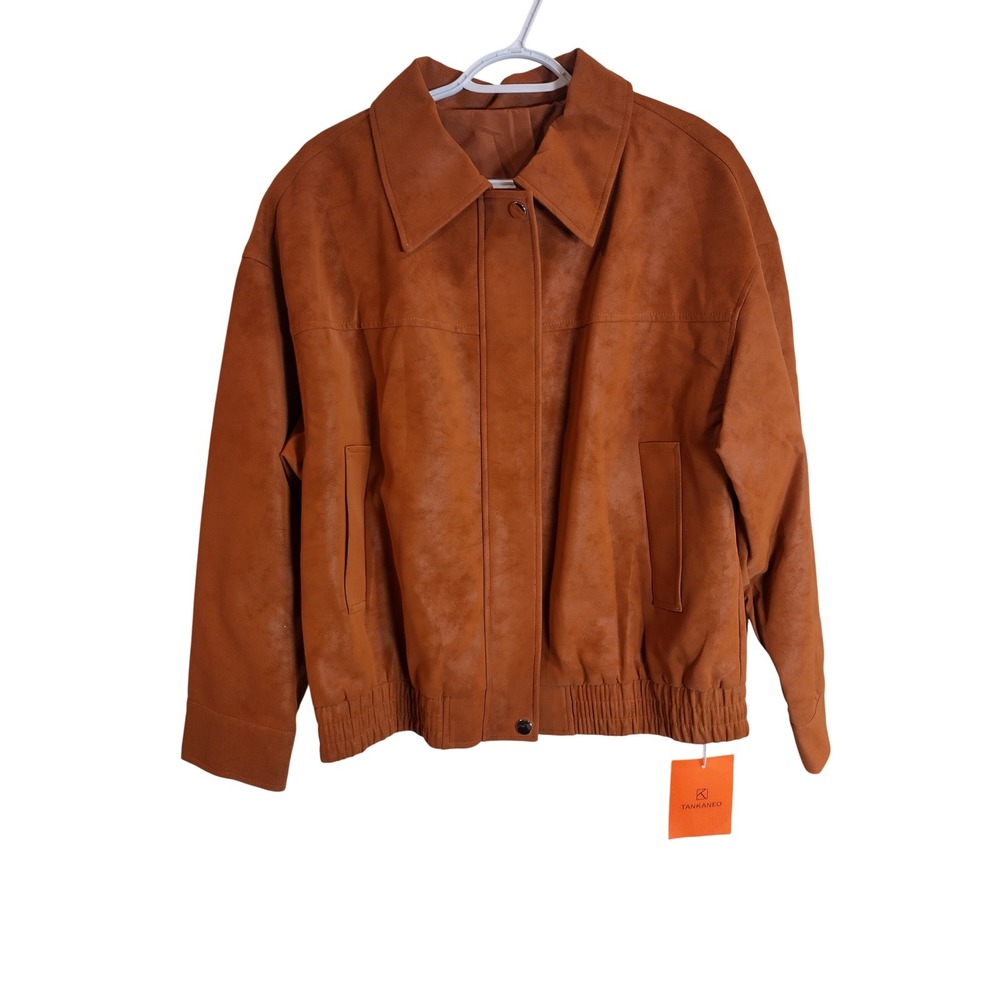 Tankaneo Brown Faux Suede Bomber Jacket RC3341 Snap Front Lined M